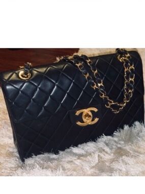 Vintage Jumbo CHANEL Black Quilted Leather Shoulder Bag with Gold Chain